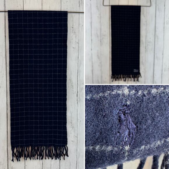 VTG 90's Polo Ralph Lauren Navy Blue Windowpane Plaid Lambswool Fringe Scarf - Picture 1 of 11